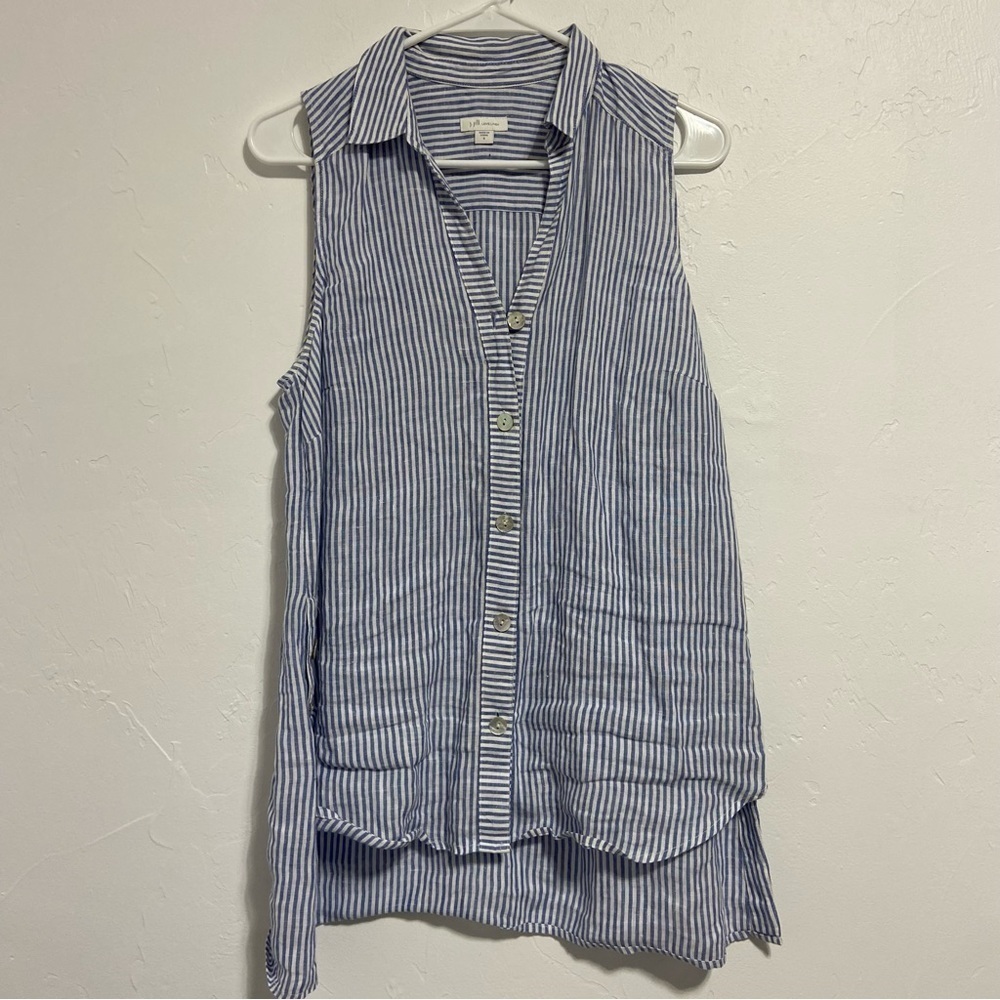 J. Jill Love Linen 100% Linen Sleeveless Blouse Button Front Shirt Stripe Small